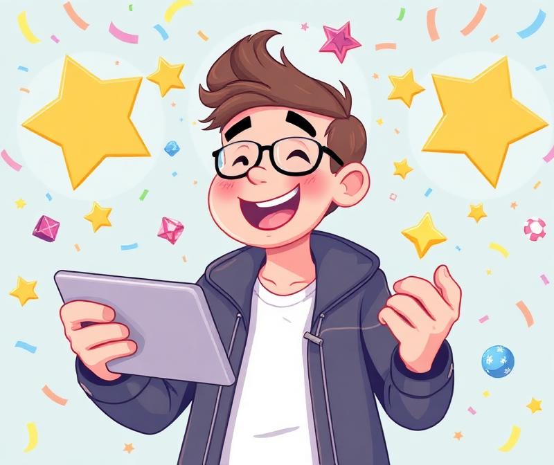 Happy player with tablet and entertainment icons