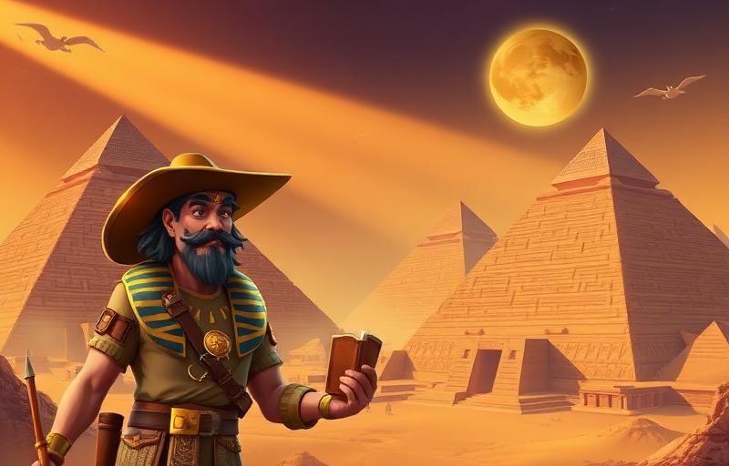 Book of Dead slot game thumbnail showing Rich Wilde explorer character with ancient Egyptian pyramids and golden Book of Dead symbol, dramatic desert lighting