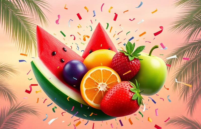 Fruit Party slot thumbnail with oversized colourful fruits — watermelon, plum, orange, apple — on a festive tropical backdrop with confetti
