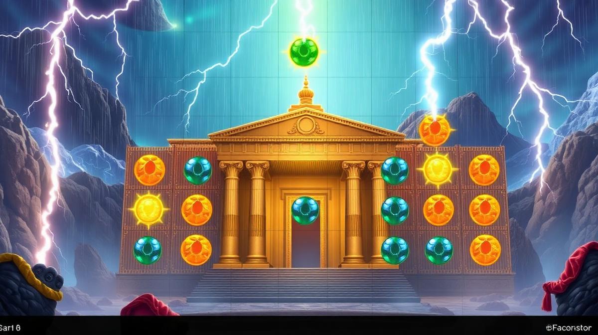Gates of Olympus 6x5 grid with jewel symbols and Zeus character raining multiplier orbs from above