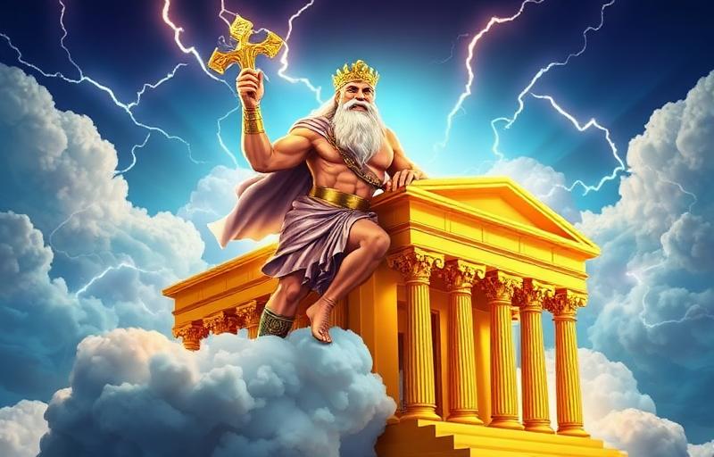 Gates of Olympus slot thumbnail with mighty Zeus on clouds throwing lightning bolts with golden Greek temple columns