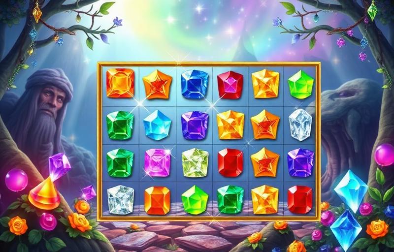 Gemix slot thumbnail with sparkling colourful gems on a 7x7 grid against a magical fantasy world backdrop