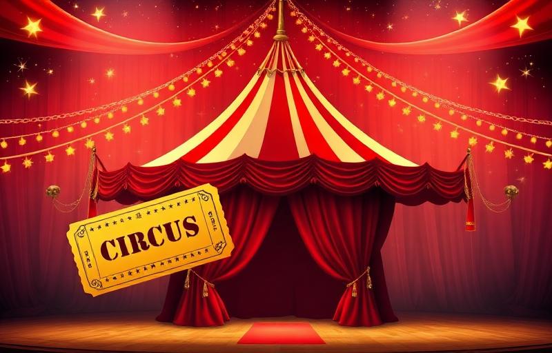Golden Ticket slot thumbnail with circus tent, ringmaster character and golden ticket stub against a starlit big-top backdrop
