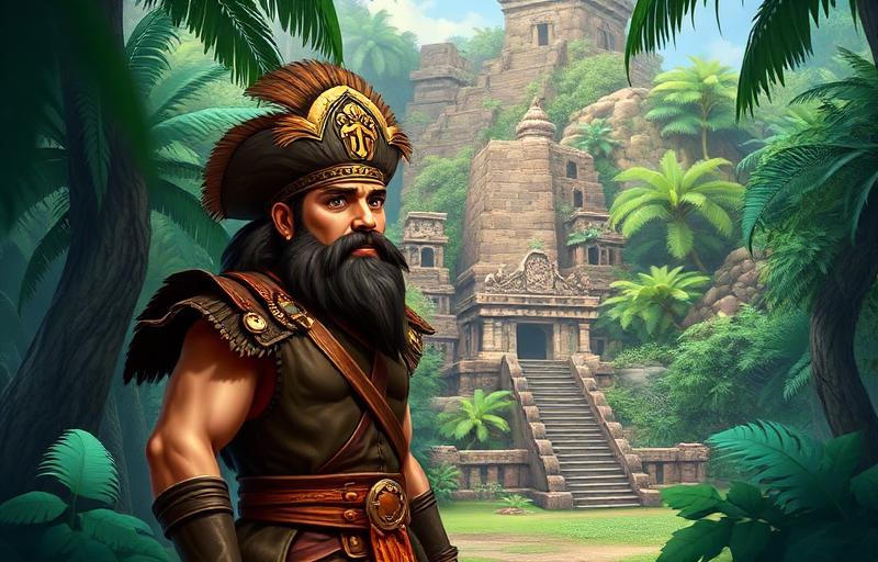 Gonzo's Quest slot thumbnail with conquistador character Gonzo standing before ancient Mayan stone temple ruins in lush jungle