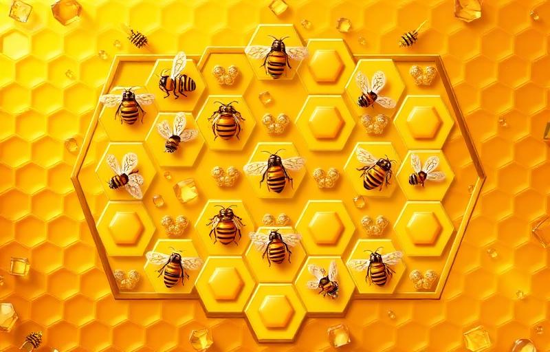 Honey Rush slot thumbnail with golden honeycomb grid, bees and honey symbols on warm amber background