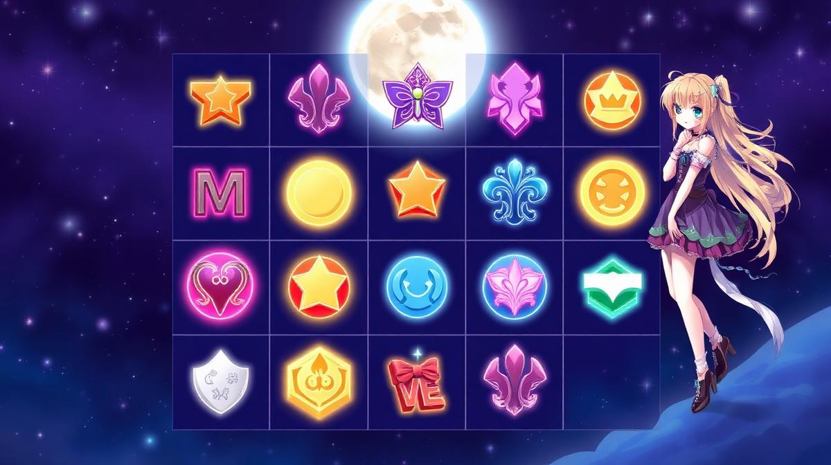 Moon Princess 5x5 grid gameplay with colorful anime symbols and princess character on the side