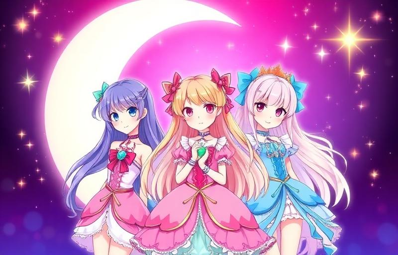 Moon Princess slot thumbnail with three anime-style princess characters in front of a magical crescent moon with sparkles and stars