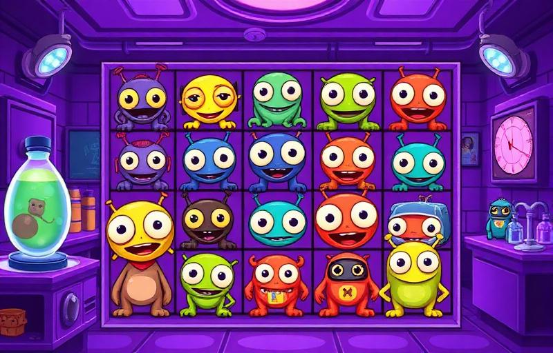 Reactoonz slot thumbnail with colourful one-eyed alien creatures on a 7x7 grid in a purple sci-fi laboratory setting