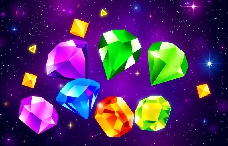 Starburst slot thumbnail with dazzling jewel gems in purple, green, yellow and blue against a cosmic starfield background