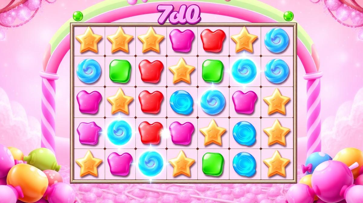 Sugar Rush 7x7 grid with candy cluster wins, multiplier spots glowing on grid positions and pastel candy world