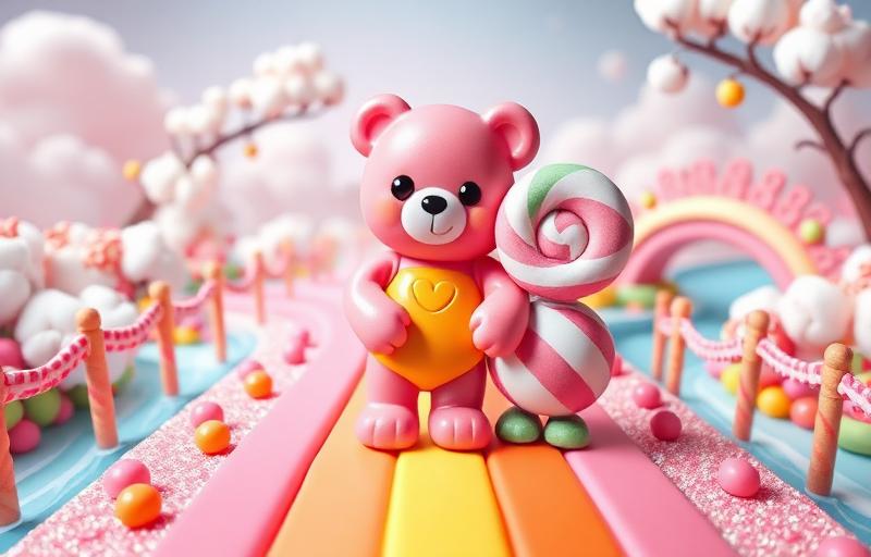 Sugar Rush slot thumbnail with sparkling candy characters, lollipops, gummy bears and swirl candies on a pastel rainbow backdrop