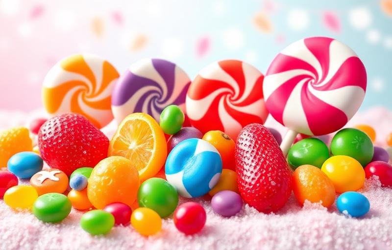 Sweet Bonanza slot thumbnail with colourful candies, lollipops and fruit on a pastel candy-land backdrop with sugar crystals