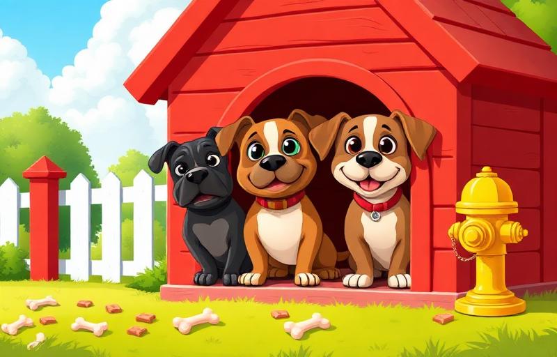 The Dog House slot thumbnail with cartoon dogs in a red doghouse, bone treats and fire hydrant on a sunny backyard lawn