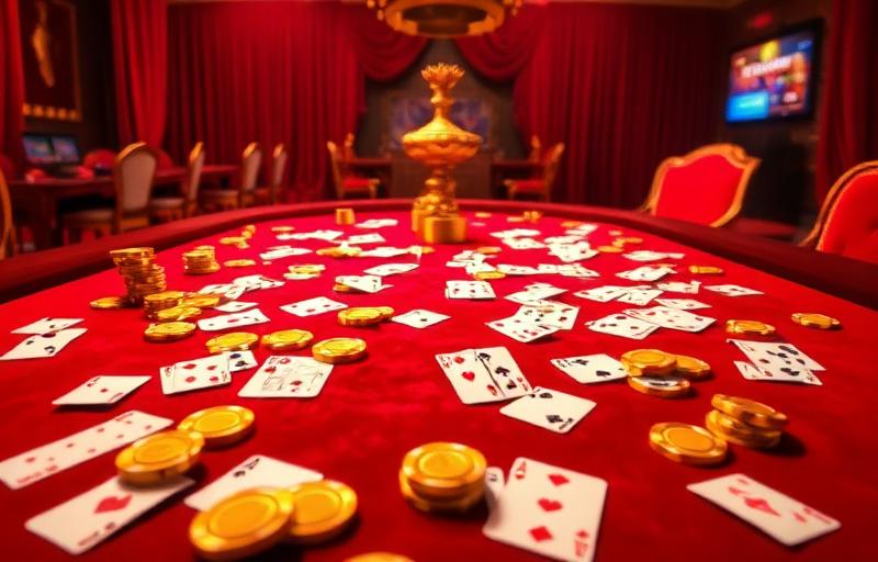 Multihand Blackjack game thumbnail with luxurious red velvet table, scattered playing cards and golden casino chips under neon lights