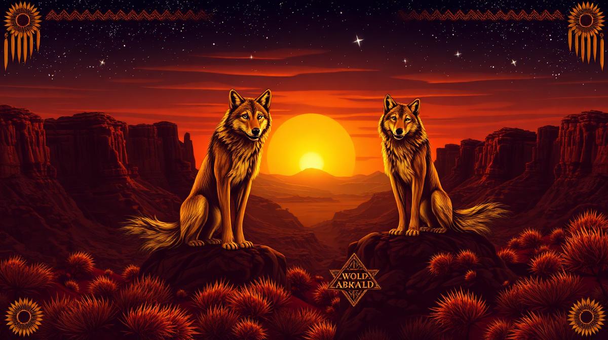 Wolf Gold gameplay showing stacked wolf wilds and desert canyon scenery with warm sunset tones