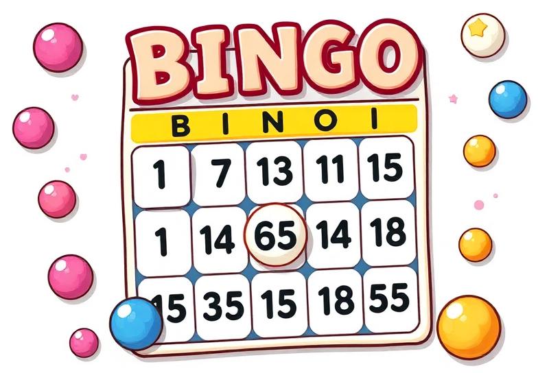 Cheerful bingo hall scene with players daubing cards, colourful bingo balls and a friendly caller at the front