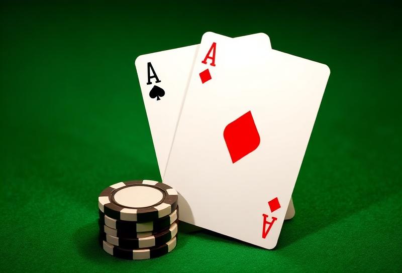 Illustrated blackjack table from above showing card values, action buttons and a helpful strategy chart overlay