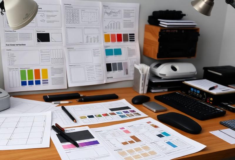 Behind-the-scenes illustration showing game design wireframes, engagement graphs, and UX flow diagrams on a designers workstation