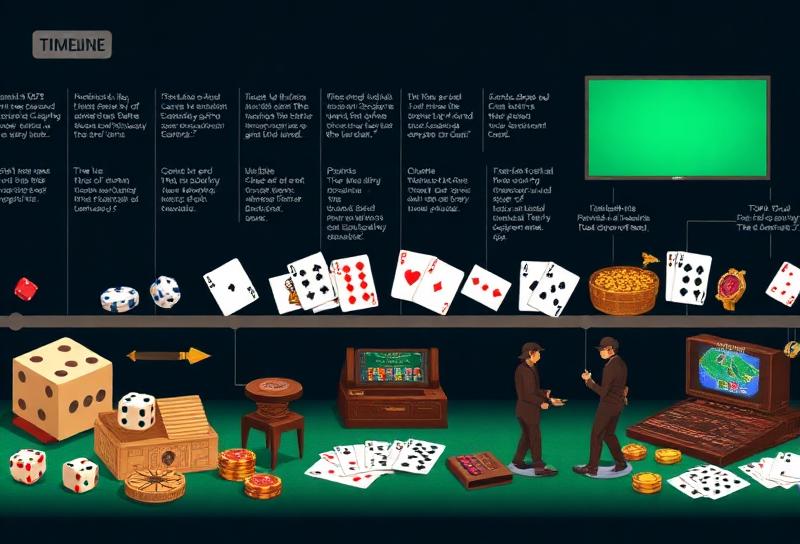 Timeline illustration spanning from ancient Egyptian dice through Victorian card tables to modern digital gaming on smartphones