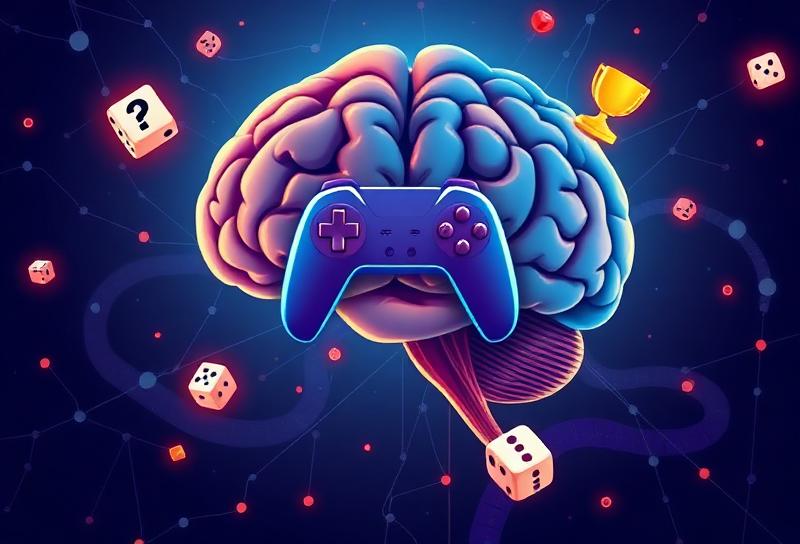Artistic brain illustration with colourful gaming symbols (cards, dice, tokens) emerging from different cognitive regions