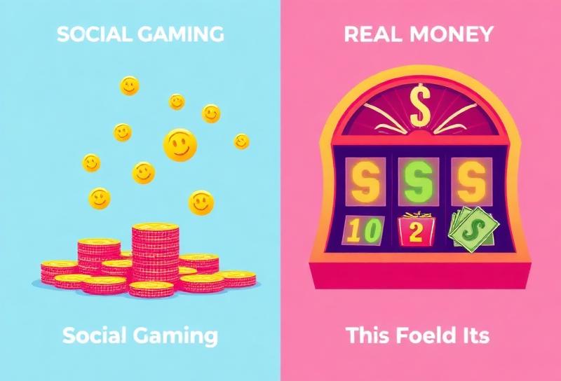 Split-screen illustration comparing social gaming on the left with virtual coins and smiles versus real-money casino on the right with pound notes and serious faces