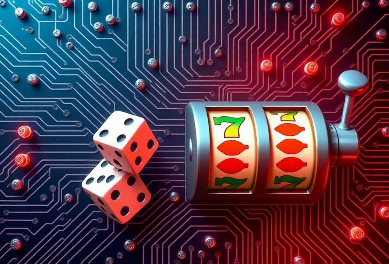 Abstract visualisation of random numbers streaming from a glowing processor chip with dice and playing cards floating around it