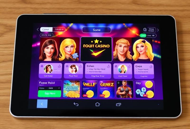 Illustration of a friendly social casino interface on a tablet screen with virtual coins and smiling player avatars