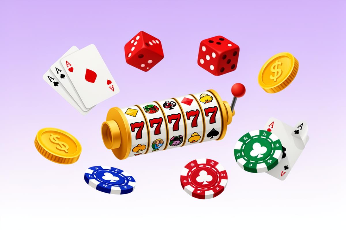 Colorful collage of casino game elements — playing cards, dice, slot reels, poker chips — floating against a soft purple gradient background
