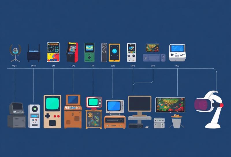 Timeline illustration showing evolution from 1950s pixel art through arcade cabinets and consoles to modern mobile and VR gaming