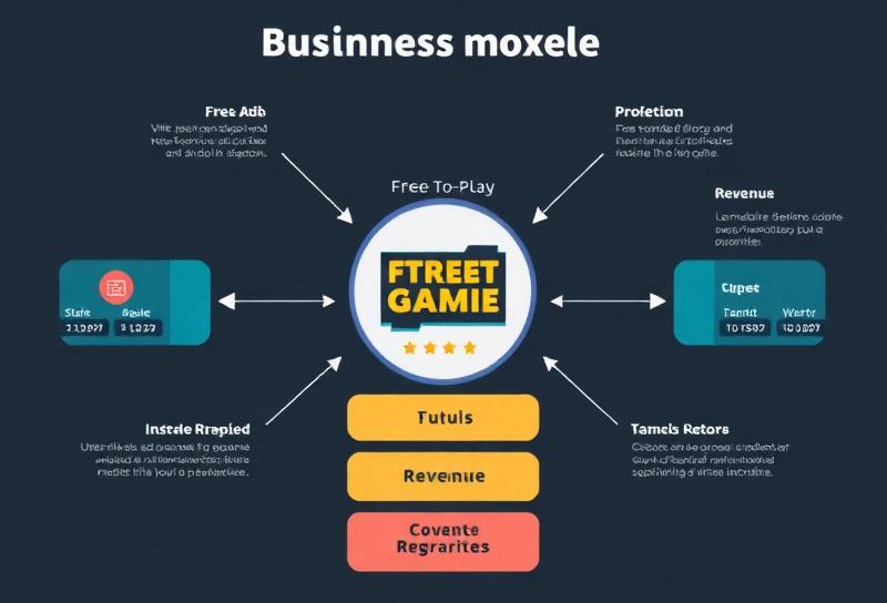 Business model diagram showing free-to-play game at centre with revenue streams (ads, IAP, subscriptions) flowing outward