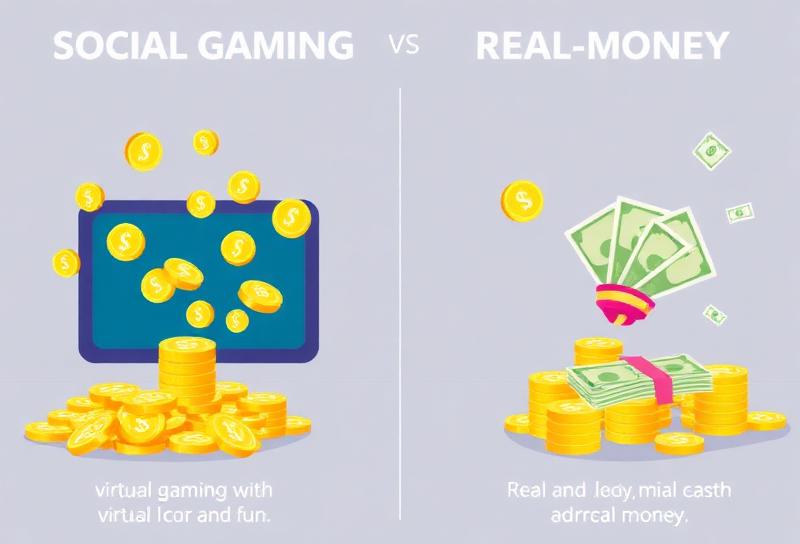 Comparison infographic with two columns — social gaming with virtual coins and smiles versus real-money gaming with cash and warning signs
