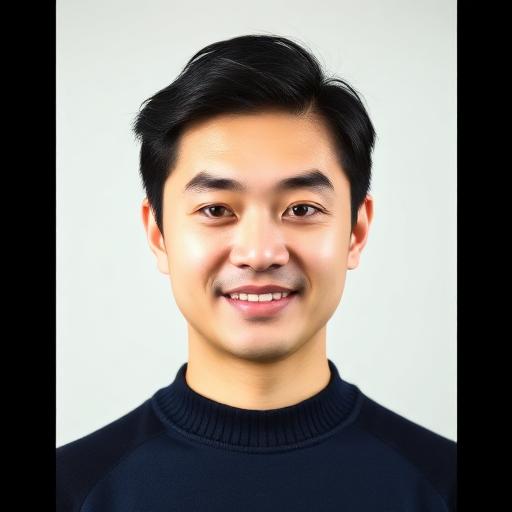 Professional portrait of Marcus Chen, an Asian man in his late 20s with short black hair, wearing a navy sweater, looking confident against a dark studio background