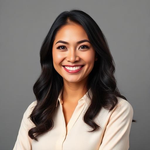 Professional portrait of Sofia Ramirez, a Latina woman in her early 30s with long dark hair, wearing a cream blouse, smiling brightly in a modern office setting